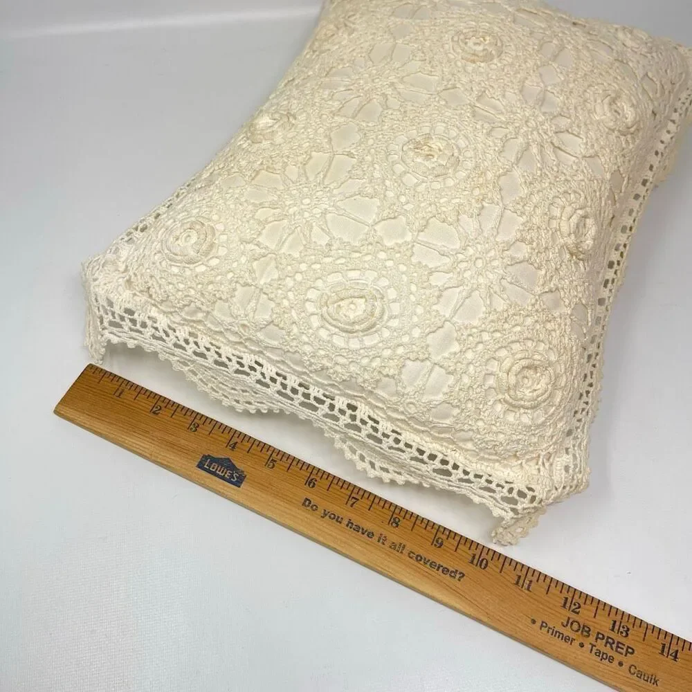 Vintage Hand Crochet Lace Throw Pillow Cover Cream Cotton Floral Boho 16x10